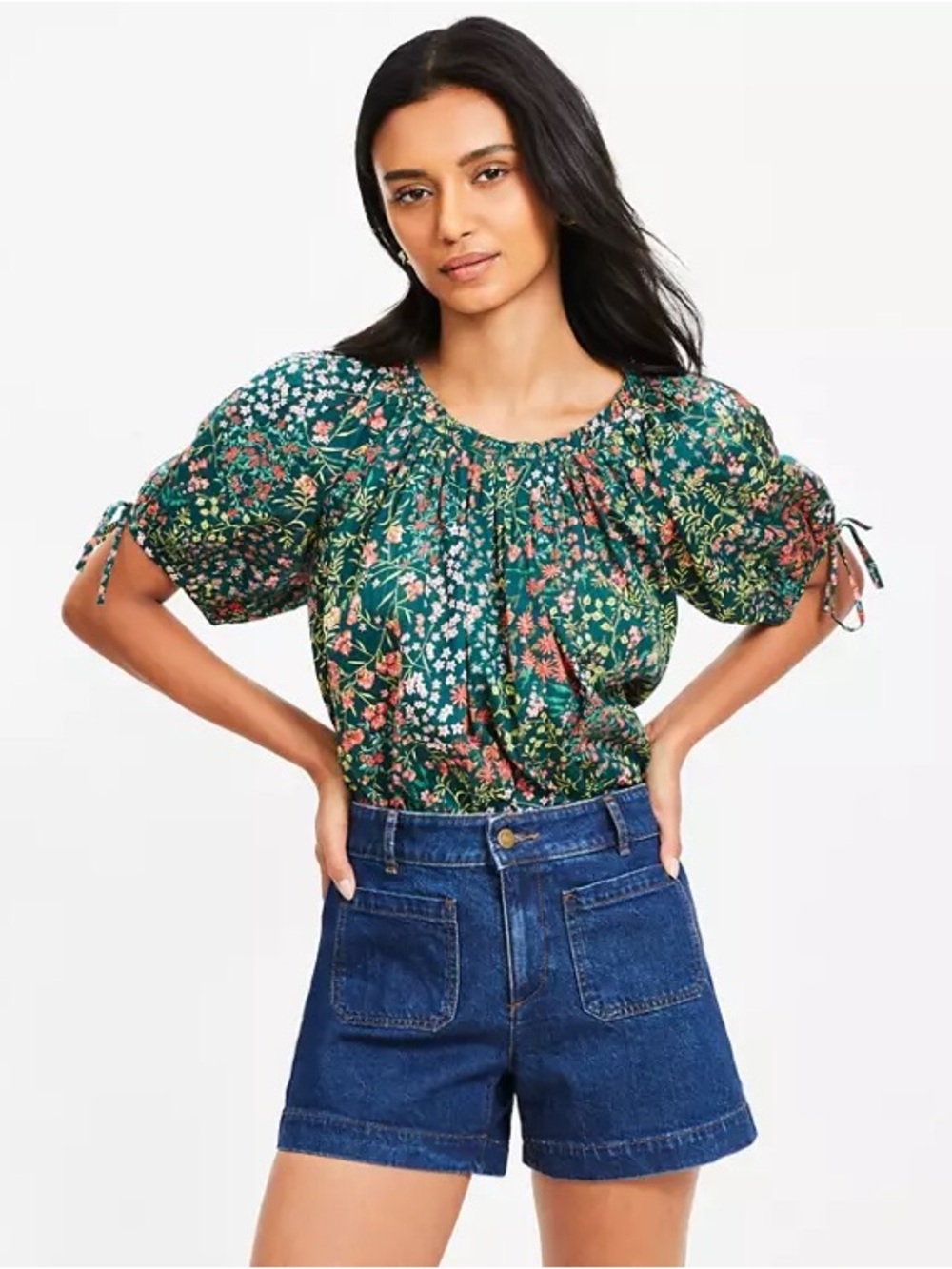 LOFT Green Floral Puff-Sleeve Peasant Blouse